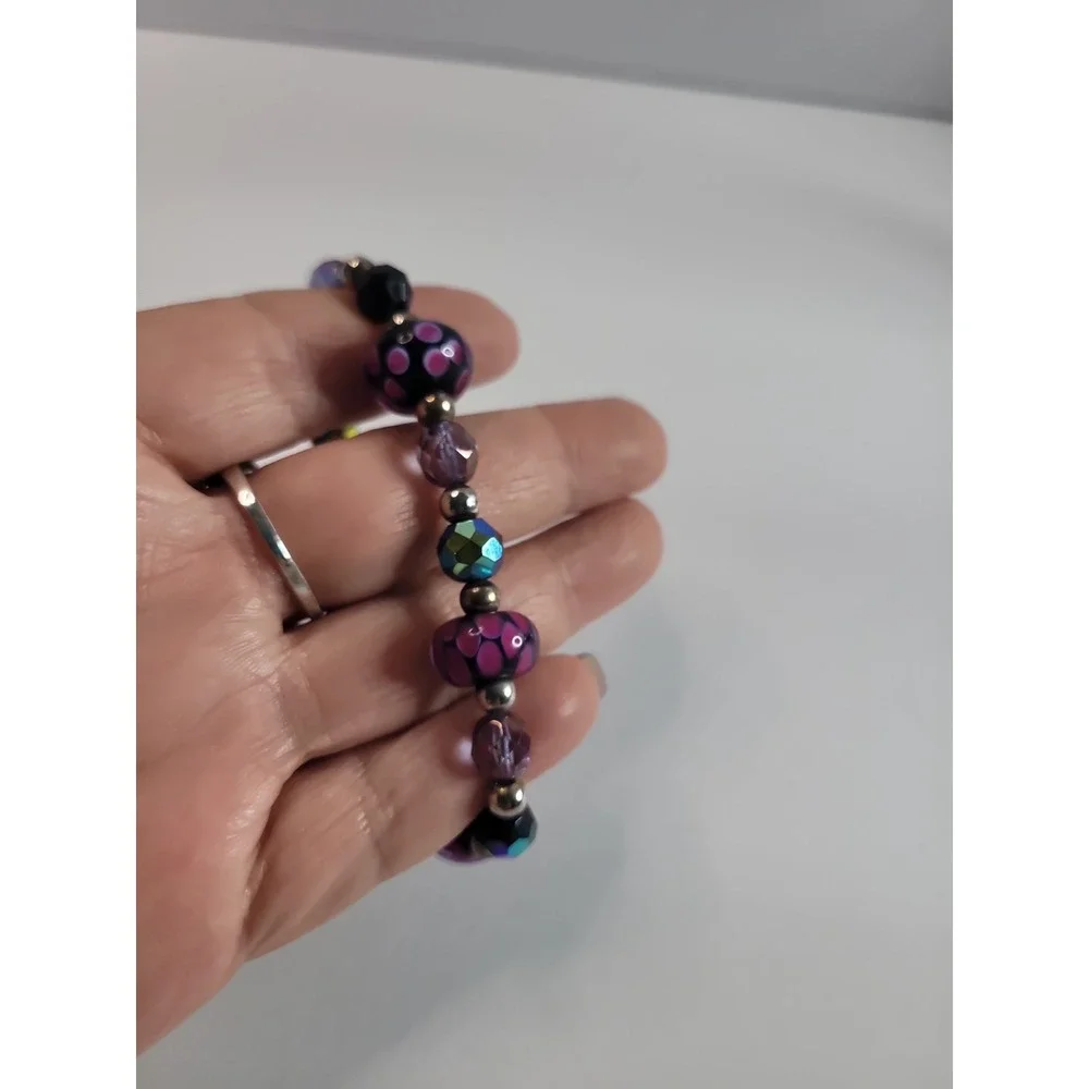 Pink Black Purple Beaded Stretch Bracelet with floral Dot Pattern